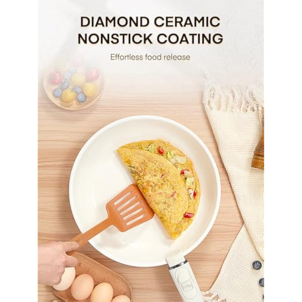 FOHERE Nonstick Frying Pan Set with Detachable Handle, 3PCS 20 24 28 CM Non Toxic Diamond Ceramic Pan, Oven Safe Skillets and Frying Pans, Compatible with All Stoves(Induction), Beige