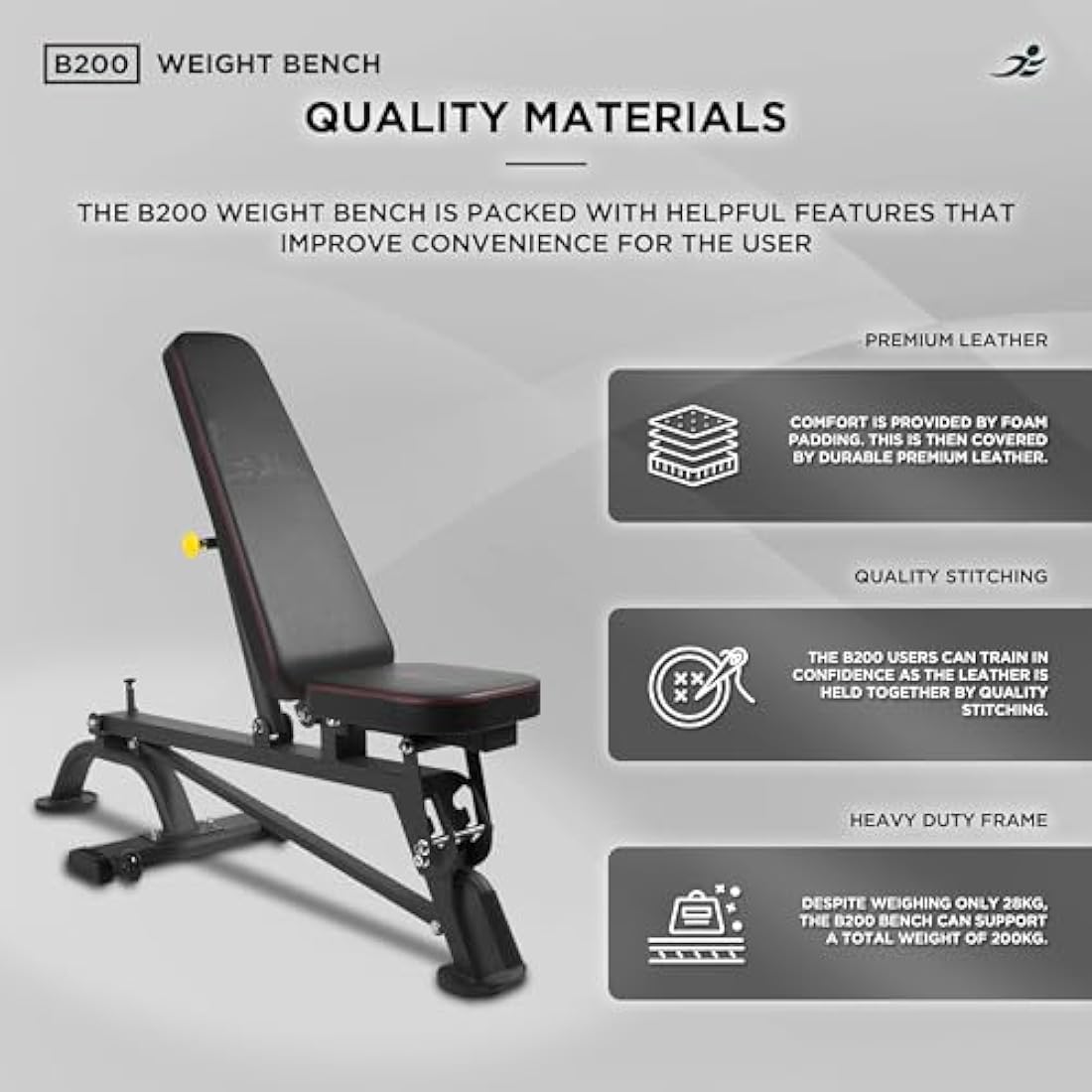 JLL® B200 Adjustable Weight Bench, Multiple levels of incline, Heavy-duty frame suitable for weight lifting exercises, Full body workouts, Home gym use