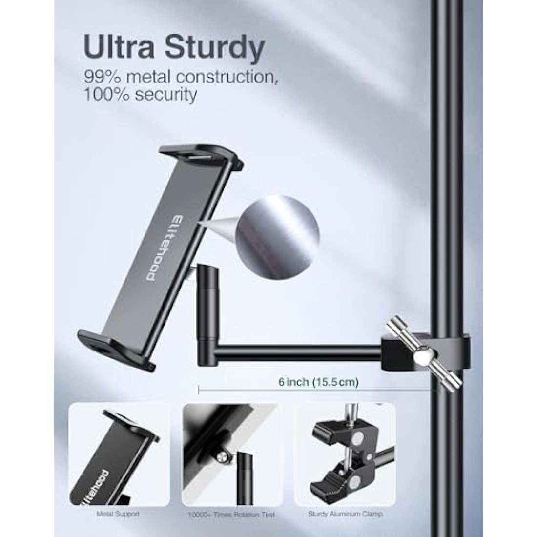 elitehood Metal iPad Holder for Mic Stand, Side Mount Tablet Microphone Stand Holder for Musicians, 360° Swivel Tilt Adjustable Microphone Tablet Mount for iPad, iPhone, More 4-13in Devices - Black