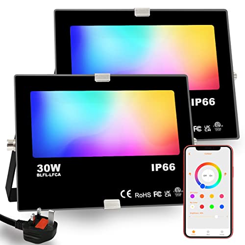 HEKEE LED RGB Floodlights Outdoor, 300W Equivalent, Smart Colour Changing Flood Lights, APP Controlled, Timing, IP66 Waterproof, UK Plug (2 Pack)