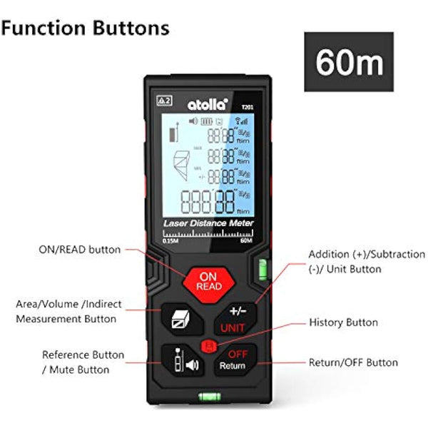 atolla Laser Measure Device, Laser Distance Meter up to 60m / ± 2mm Digital Measure Tool Range Finder with Bubble Level and Large LCD Backlit and Waterproof IP54
