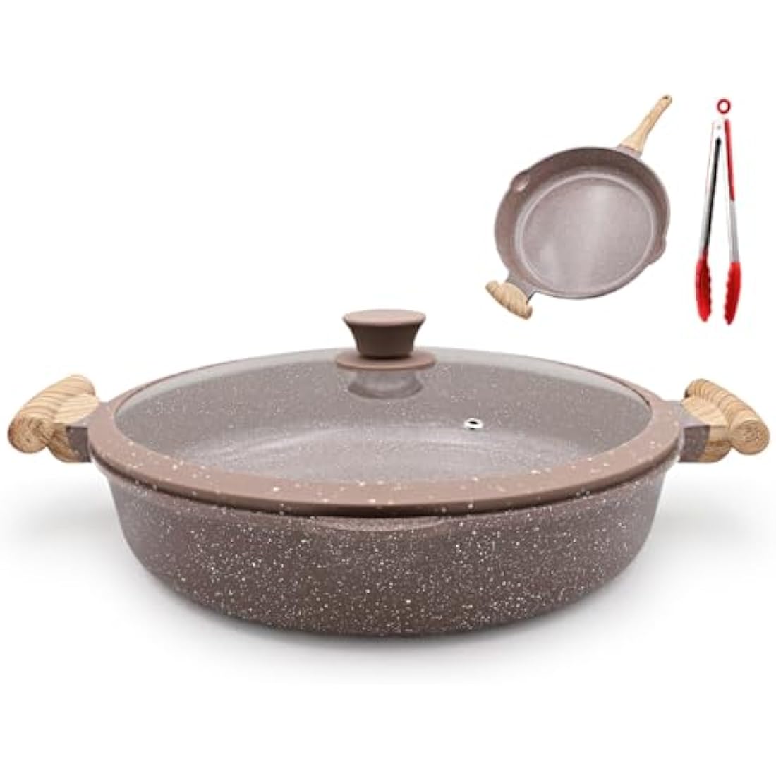 AIKENBBKK 2-in-1 Ceramic Nonstick Deep Frying Pan Skillet, 32cm Frying Pan with Lid Healthy Ceramic Non-Stick Coating, PFOA/PTFE-Free- Brown