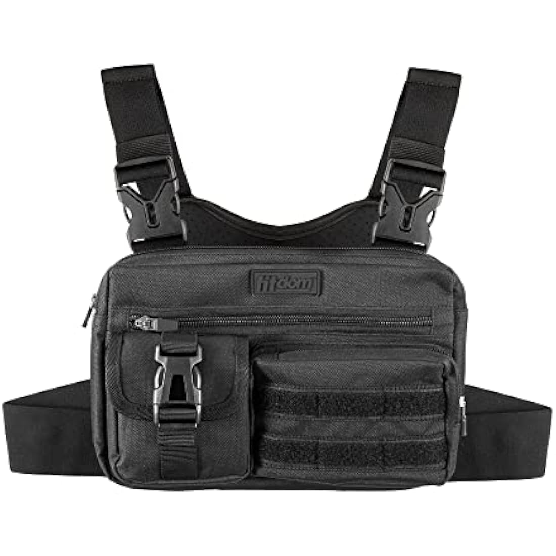 Fitdom Tactical Inspired Sports Utility Chest Pack. Chest Bag for Men with Built-in Phone Holder. This EDC Rig Pouch Vest is Perfect for Workouts, Cycling & Hiking, Jet Black, Tactical Chest Bag