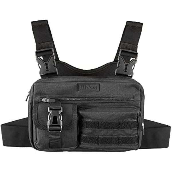 Fitdom Tactical Inspired Sports Utility Chest Pack. Chest Bag for Men with Built-in Phone Holder. This EDC Rig Pouch Vest is Perfect for Workouts, Cycling & Hiking, Jet Black, Tactical Chest Bag