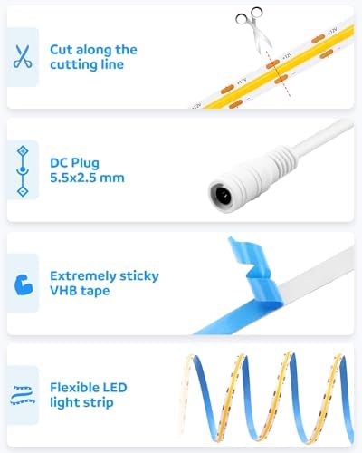 Aclorol COB Led Strip Light 5M 12V Led Strip Lights Warm White 3000K 1600Leds CRI85+ Flexible Tape Lighting for Bedroom TV Party Home Indoor Decor(Power Supply& Dimmer Not Included)