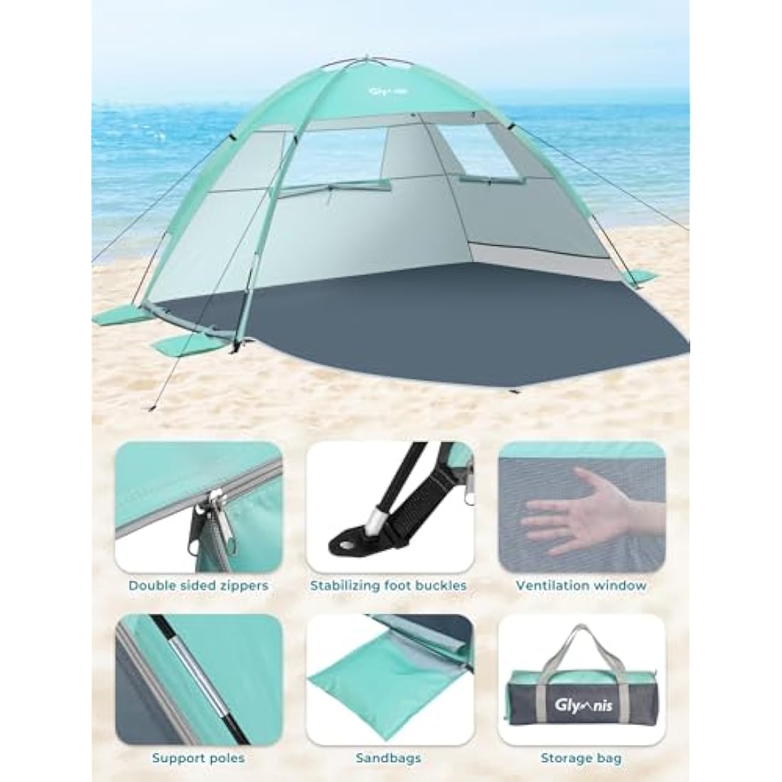 Glymnis Beach Tent Large for 2-3 Person, Portable UV Protection Beach Sun Shelter Lightweight Sun Shade Tent for Beach, Garden, Fishing, Picnic