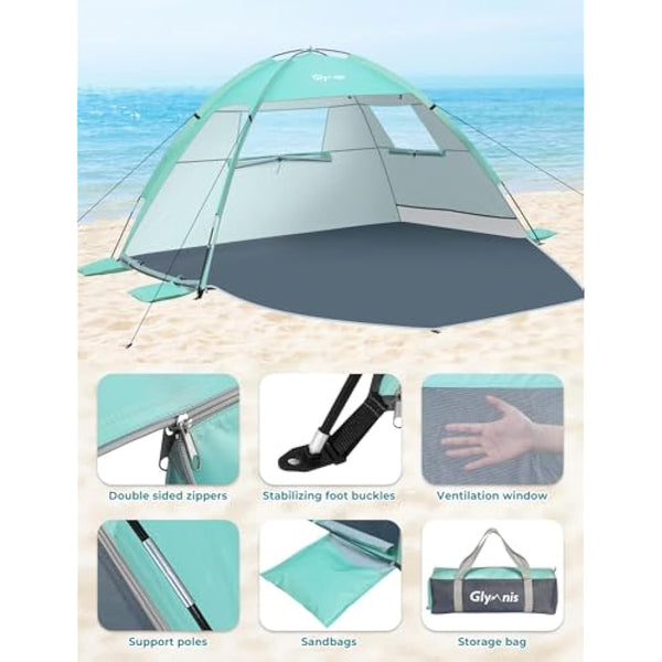 Glymnis Beach Tent Large for 2-3 Person, Portable UV Protection Beach Sun Shelter Lightweight Sun Shade Tent for Beach, Garden, Fishing, Picnic