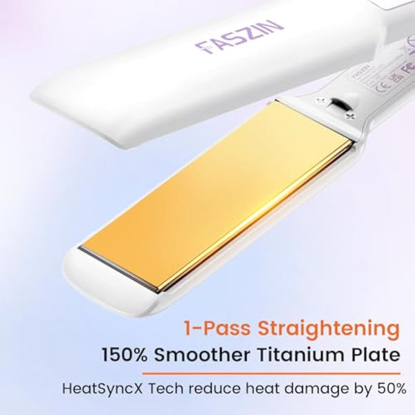 Faszin Professional Hair Straighteners, 42mm Wide-Plate Titanium Negative Ion Flat Iron, 30s Rapid Heating, Real-time Temperature Display, 11 Adjustable Temperature Levels (130-230℃)-White