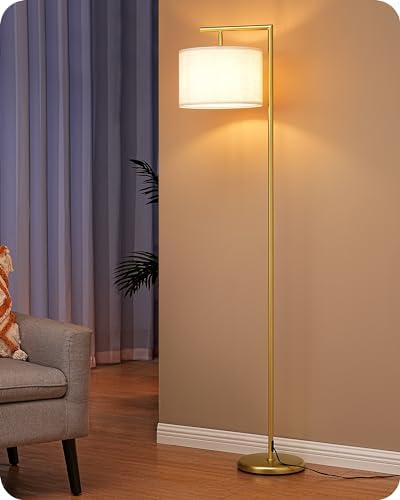 EDISHINE LED Floor Lamp, 63" Standing Lamp with Adjustable Linen Shade, Gold Metal Light Pole, Modern Simple Lamp for Living Room, Bedroom, Office, E27 Socket, 2700K LED Bulb Included