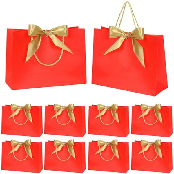 10pcs Gift Bag With Gold Ribbin Luxury Paper Party bag With Handles For Wedding Birthday Baby Shower Halloween Christams((32 * 25 * 10cm) (Red)