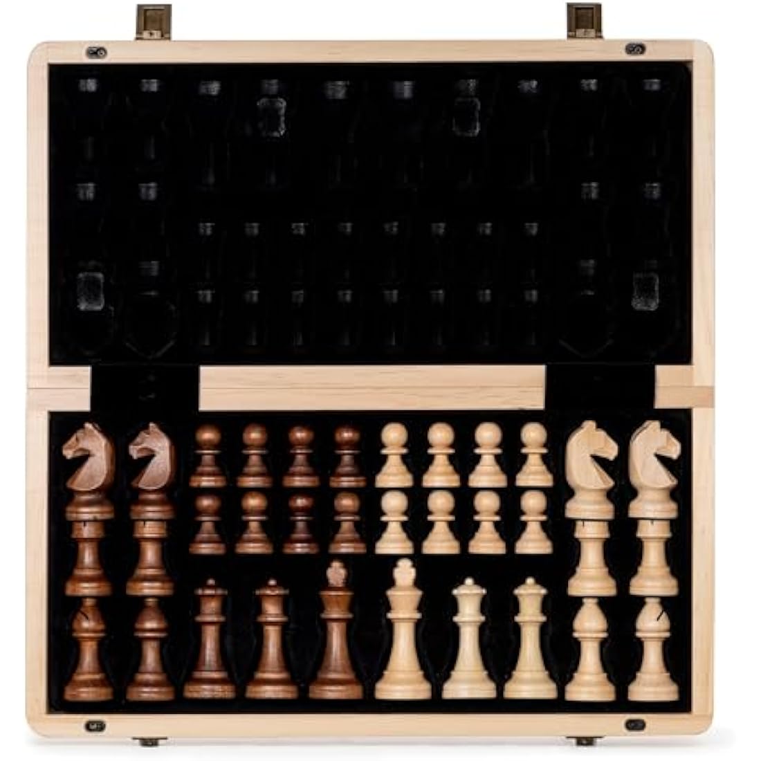 A&A 15" Magnetic Wooden Chess Set/Folding Board / 3" King Height German Knight Staunton Chess Pieces/Walnut & Maple Inlaid /2 Extra Queen