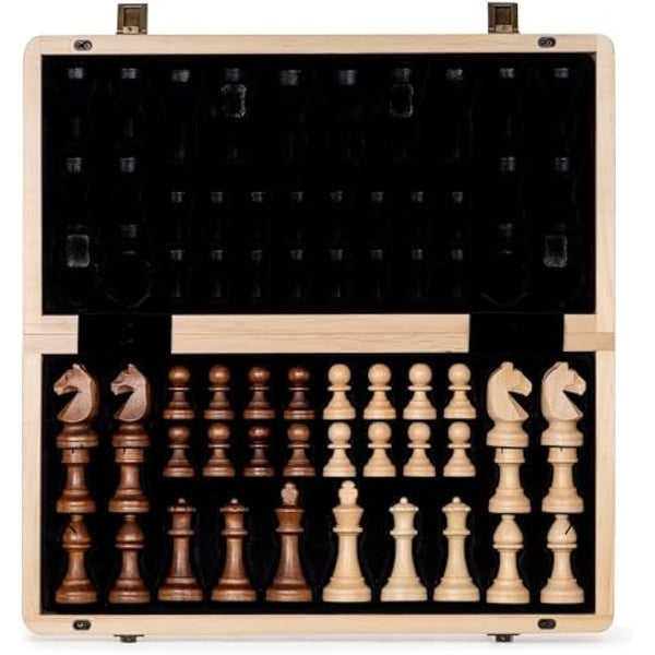A&A 15" Magnetic Wooden Chess Set/Folding Board / 3" King Height German Knight Staunton Chess Pieces/Walnut & Maple Inlaid /2 Extra Queen