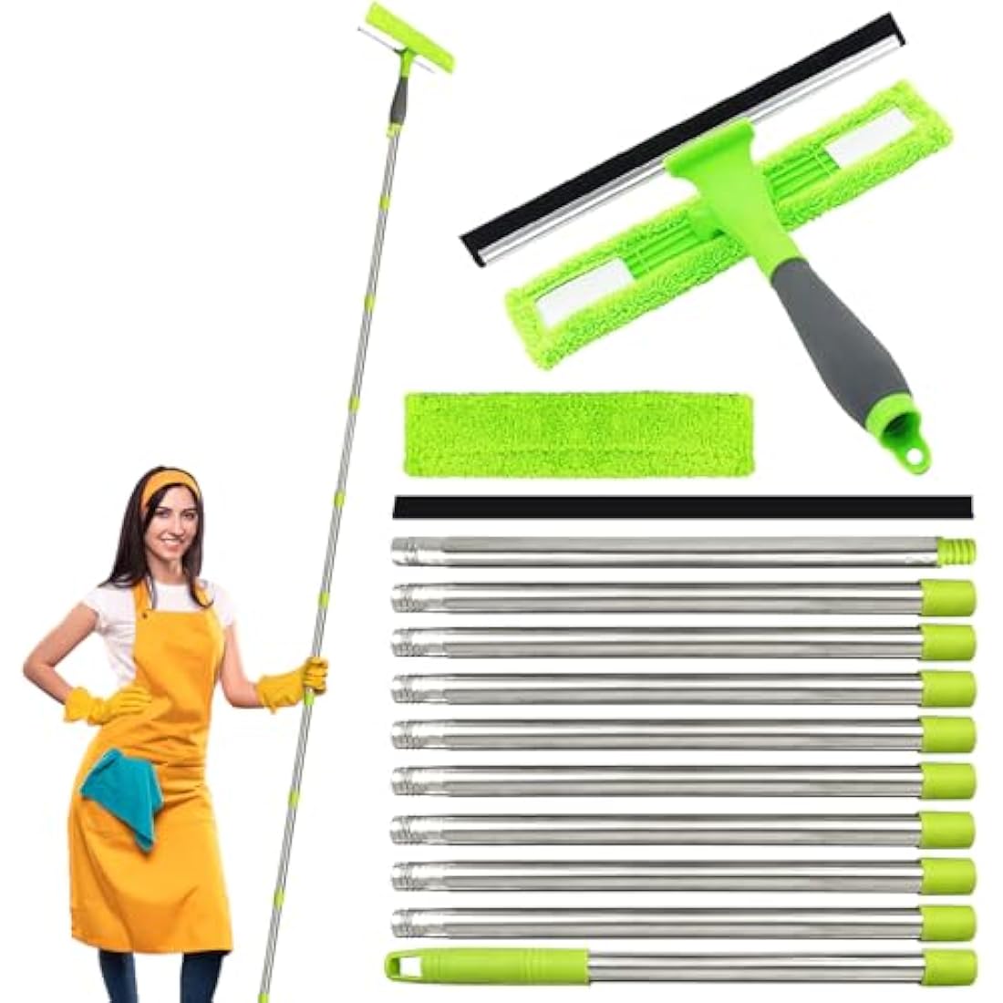 3.6 Meters Window Cleaning Kit Extra Long 2in1 Cleaner Equipment, Professional Window Squeegee Glass Cleaning Tool with Spare Microfiber Cloth Squeegee Strips, Screw-on Type
