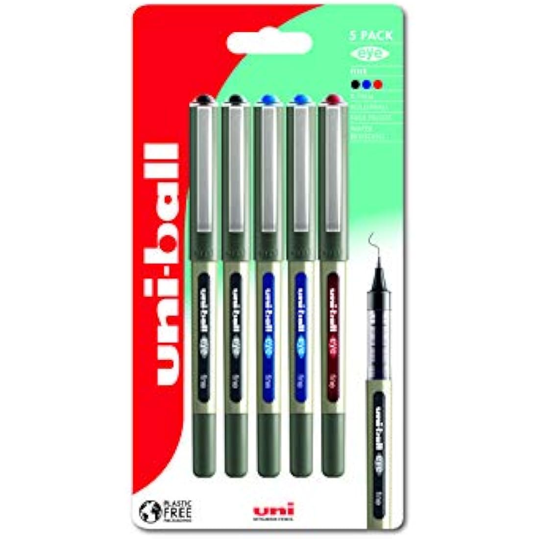 uni-ball UB-157 Eye Rollerball Pens. Premium Fine 0.7mm Ballpoint Tip for Super Smooth Handwriting, Drawing, Art, Crafts and Colouring. Fade and Water Resistant Liquid Uni Super Ink. 5 Pack Assorted