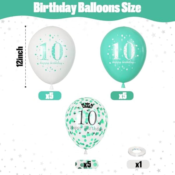 10th Birthday Decorations Girl, Teal White Happy 10th Birthday Latex Print Balloons for Boys, Turquoise White Confetti 10th Bday Party Decorations for Kids Age 10 Years Old Birthday Party Supplies
