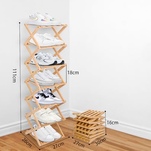 Akloya Vertical Narrow Shoe Rack, 7 Tier Portable Folding Shoe Storage Rack, Without Installation Free Standing Shoe Rack for Corridors, Bedrooms