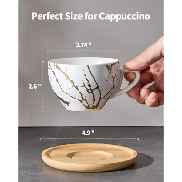 HOME DECOR Ceramic Cappuccino Cups Set of 4, 220ml Stackable Cappuccino Mugs and Saucer with Metal Stand for Coffee Lover, Cappuccino, Latte, Americano and Tea -White Golden