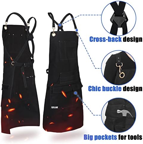 QeeLink Work Apron with 10 Tool Pockets, Woodworking Fireproof Canvas Apron for Carpenter, Adjustable M to XXXL Cross back Tools Apron, Black