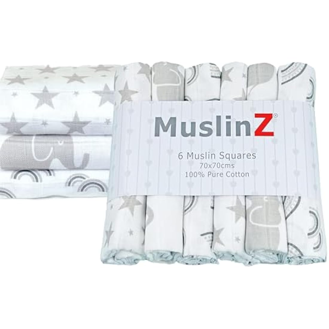MuslinZ Muslin Squares - Muslin Cloths for Baby - Baby Burp Cloths - 6 Pack Muslins - Large 70x70cm - Boy, Girl, Unisex - Cotton - Absorbent & Breathable - Multi Use Newborn Cloths (Grey Prints)