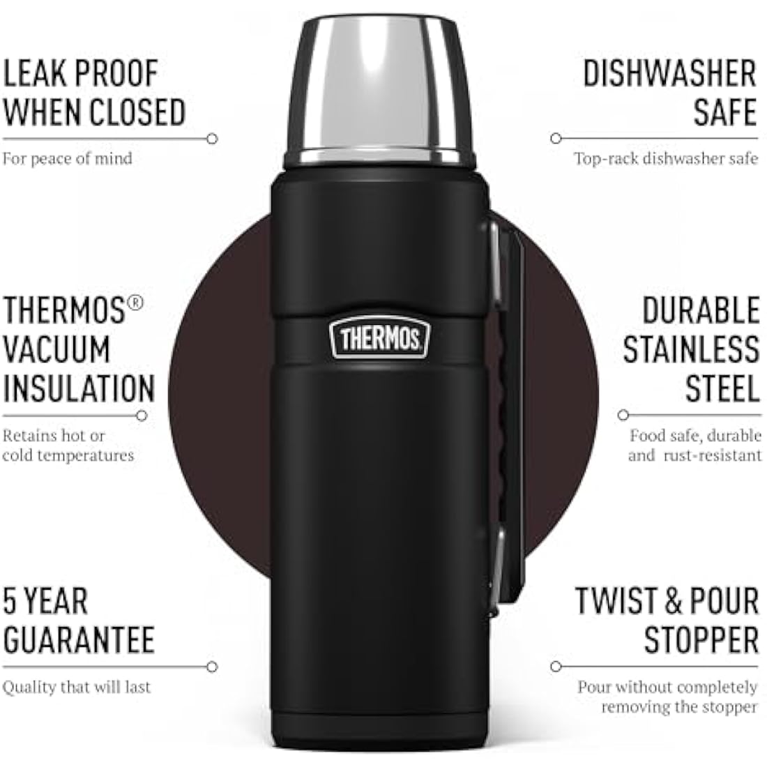 Thermos - Stainless King Matt Black Travel Flask (1.2L) Premium Leak Proof Insulated Tea & Coffee Flask for Hot & Cold Drinks, Built-in Cup, Twist-Pour Stopper, BPA-Free, Durable Steel Dishwasher Safe
