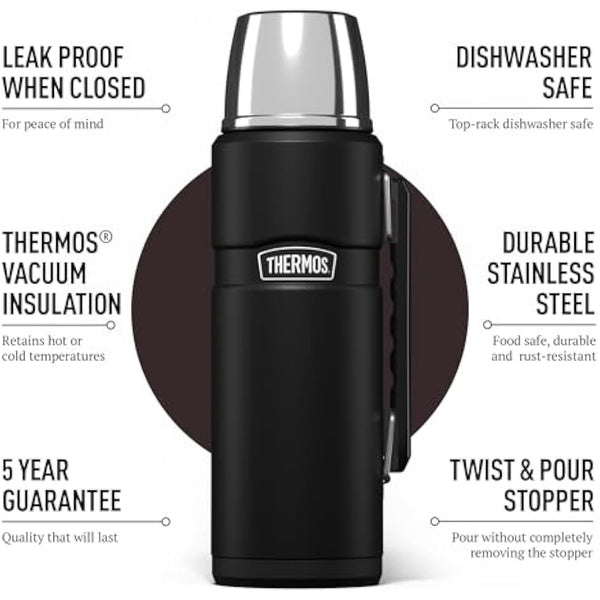 Thermos - Stainless King Matt Black Travel Flask (1.2L) Premium Leak Proof Insulated Tea & Coffee Flask for Hot & Cold Drinks, Built-in Cup, Twist-Pour Stopper, BPA-Free, Durable Steel Dishwasher Safe