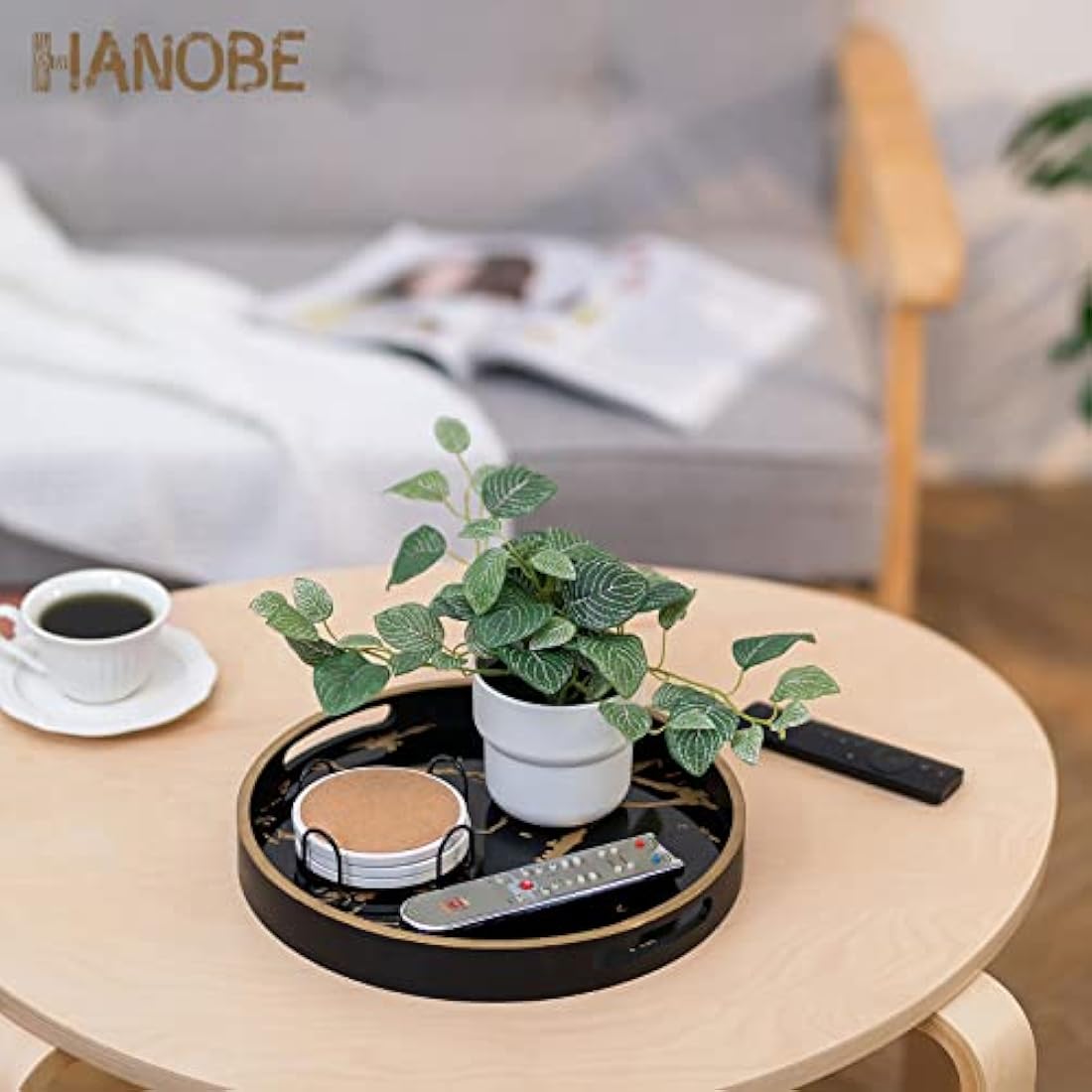 Hanobe Round Decorative Coffee Tray: Marble Pattern Serving Circle Tray with Handles Coffee Table Trays for Living Room Bar Drink Party Home Kitchen, Black