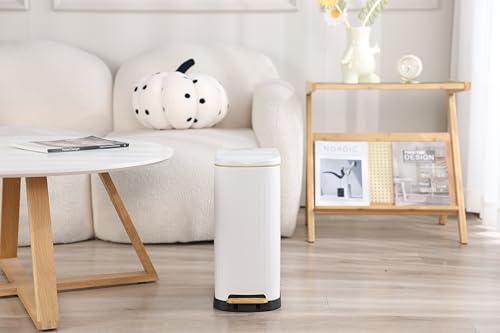 ELPHECO Slim Bathroom Trash Can Foot-Operated Stainless Steel Garbage Can with Soft Close Lid Step Trash Bin with Removable Inner Bucket for Bedroom, Office, Kitchen (White, 3.5 Gallons)
