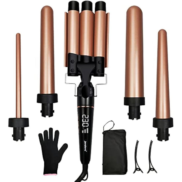 janelove Hair Curler, Curling Wand, with 3 Barrel Hair Waver, from 19 mm to 25mm Waver Curling Wand, LCD Display /180-450°F Temp Adjustment (Gold)