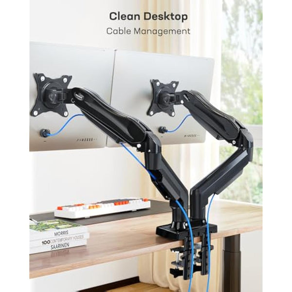 HUANUO Dual Monitor Arm Desk Mount for 13 to 32 Inches, Height Adjustable Screen Stand with Tilt, Swivel, and Rotation, VESA 75 & 100 mm, Supports up to 9 kg