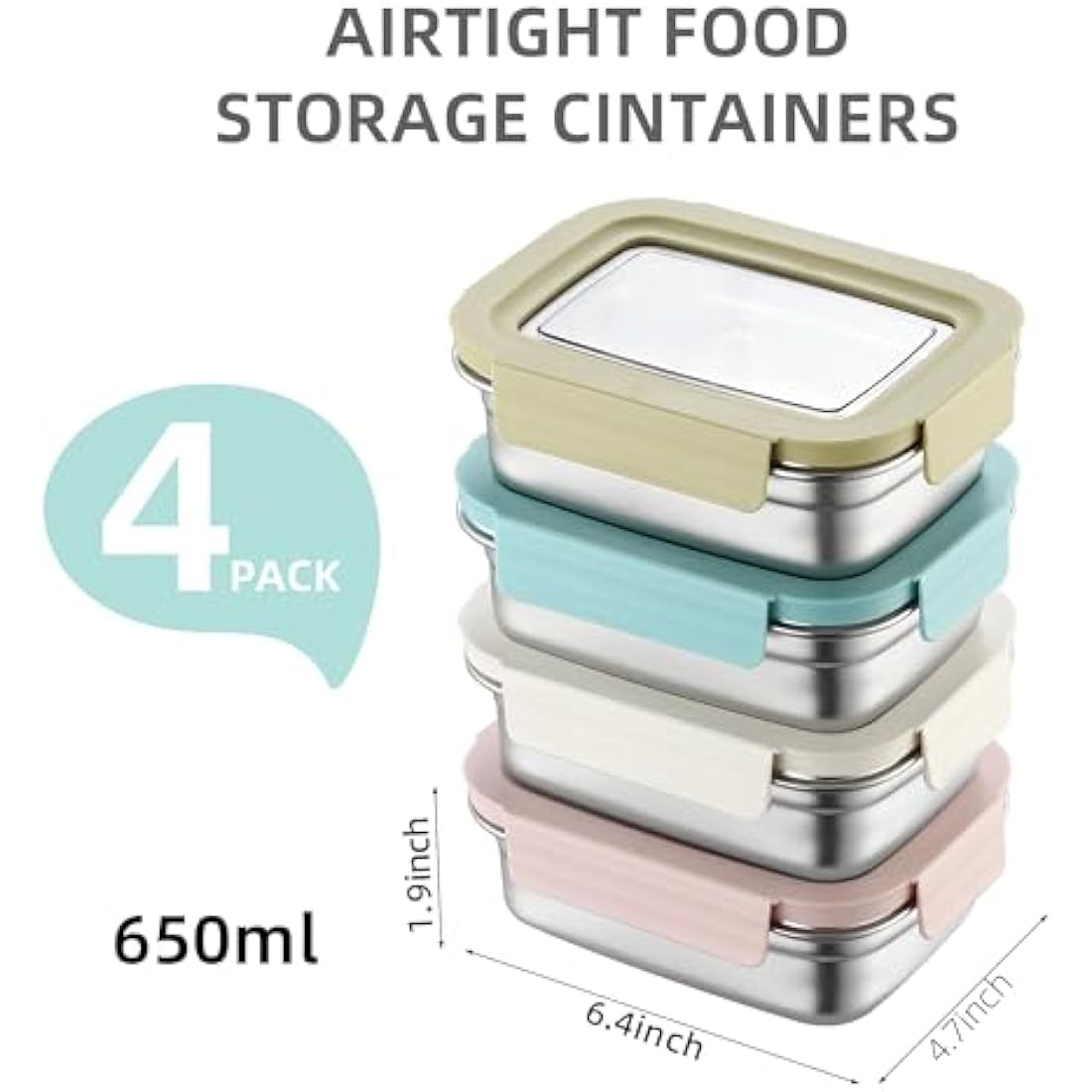Misichao Stainless Steel Food Storage Containers with Lids - Stackable Meal Prep Food Containers for Kitchen & Pantry, Leakproof, Reusable Metal Bento Lunch Box for Kids Adult 650 ml 4 Count