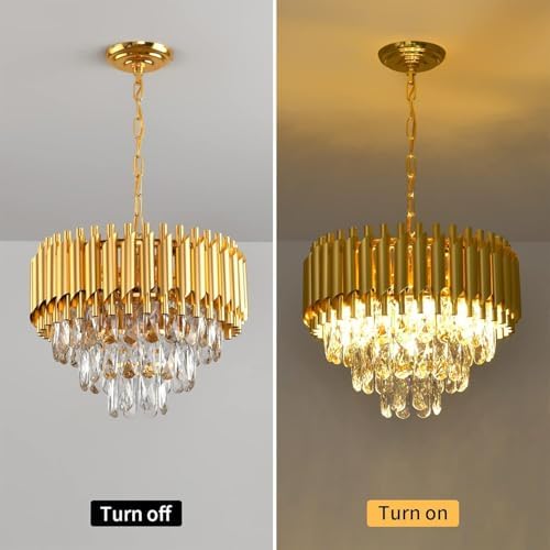 Gold Modern Crystal Chandeliers 3-Tier K9 Round Crystal Light Fixture Small Gold Chandeliers Ceiling Light Fixture for Dining Room Living Room Bedroom Entryway E14*5Light