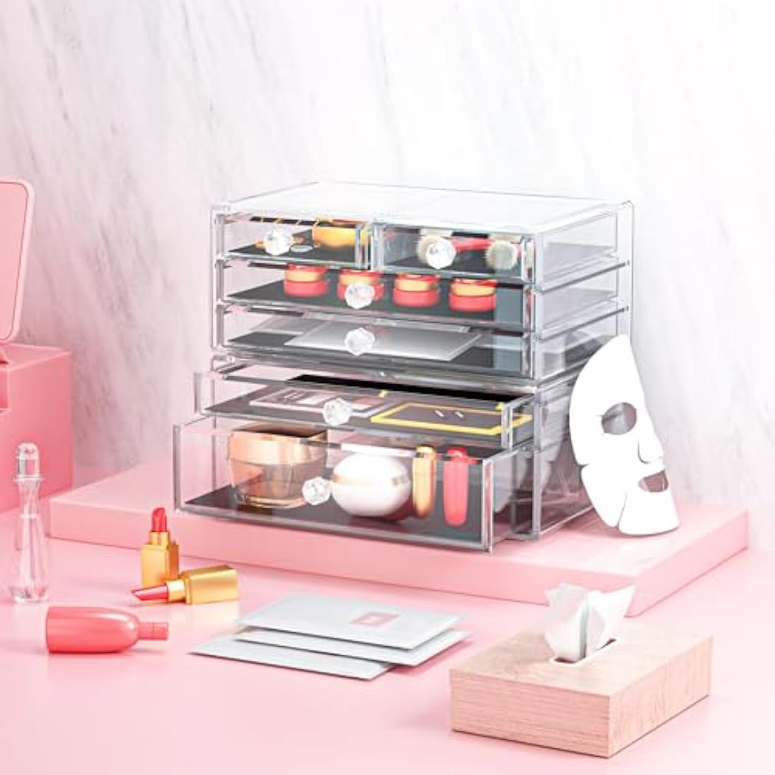 ARCCI Acrylic Clear Makeup Organizer Skin Care Cosmetics Display Case, 6 Drawers Stackable Clear Makeup Organiser Jewelry Lipstick Holder Display for Vanity, Bathroom Counter, Dresser Accessories