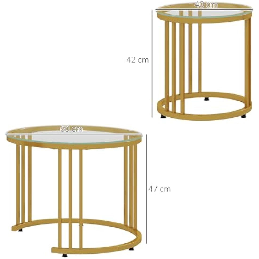 HOMCOM Nest of Tables, Round Coffee Tables Set of 2 with Tempered Glass Top and Steel Frame for Living Room, Gold Tone