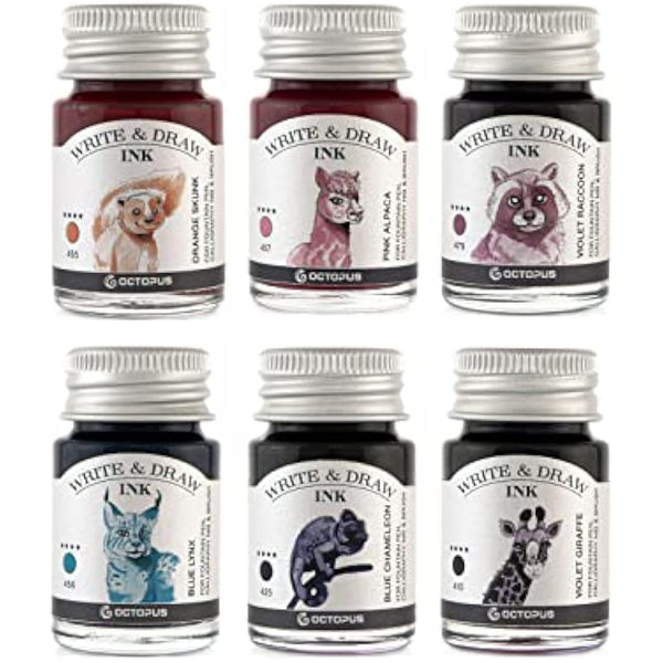Horizon Octopus Write & Draw Ink Set - Waterproof Calligraphy & Drawing Ink for Fountain Pen, 6 x 10 ml