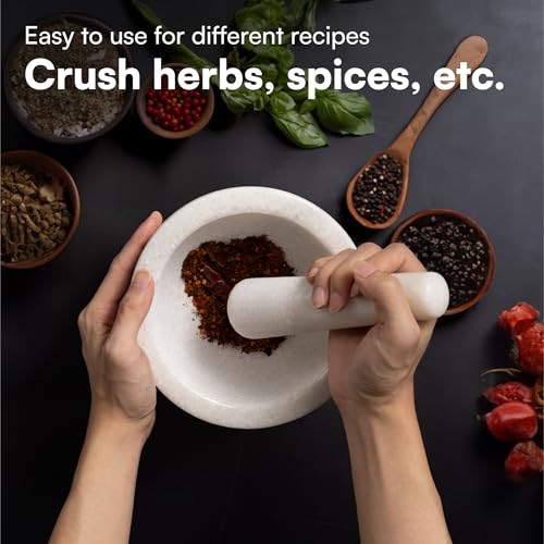 H&S Alliance Mortar and Pestle Set - Premium Stone Pestle and Mortar Grinder - Spice Herb Small Grinder for Kitchen - Pesto Guacamole Maker - 18cm (7.1") Diameter - White Marble