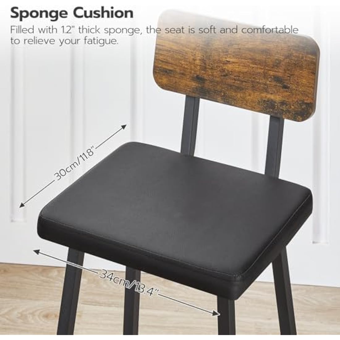HOOBRO Bar Stools Set of 2, PU Upholstered Breakfast Bar Stools, Industrial Barstools with Backrest and Footrests, Bar Chairs for Kitchen, Dining Room, Bar, Rustic Brown and Black EBF84RBY01G2