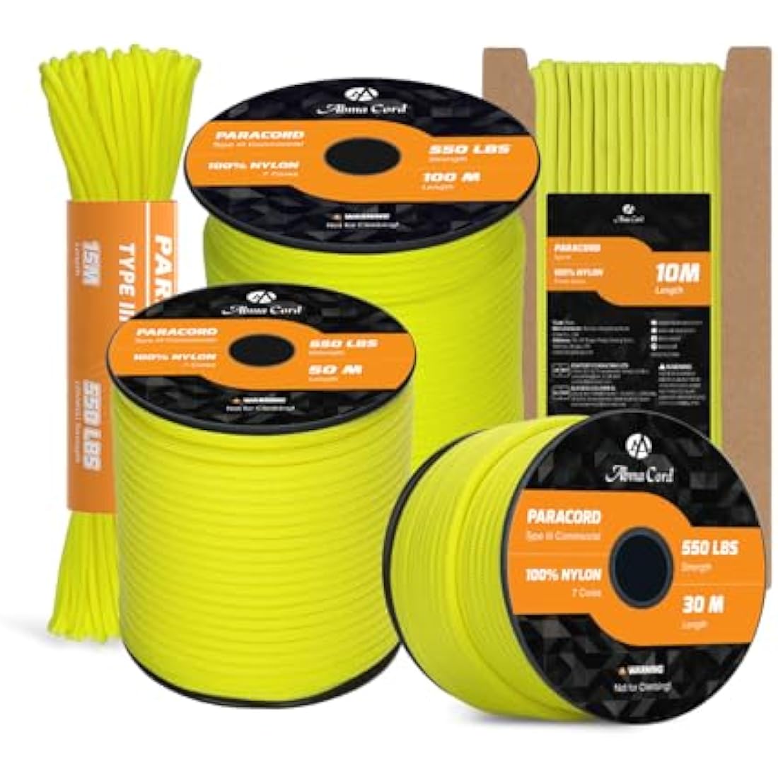 Abma Cord Paracord 550 4mm 100m 100% Nylon Rope Type III 7 Strands Parachute Cord for DIY, Camping, Survival, Outdoor - Max. 250kg - Neon Yellow