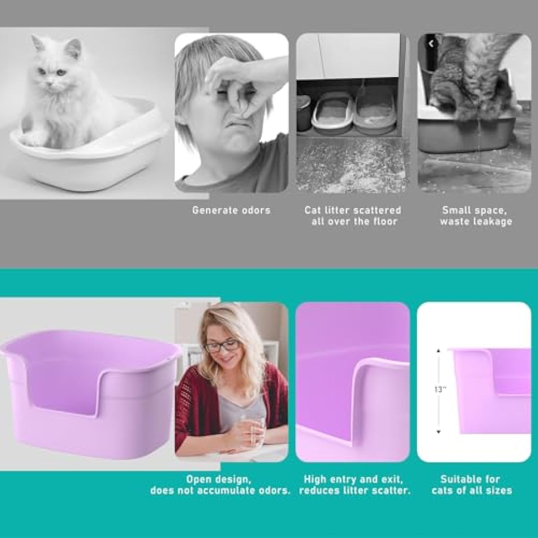 Extra Large Cat Litter Tray XL - Deep Cat Litter Box Easy Cleaning, Lowered Entry, High-Sided Litter Tray Anti-Spillage with No Mess, 63cm L x 45cm W x 33cm H, Purple