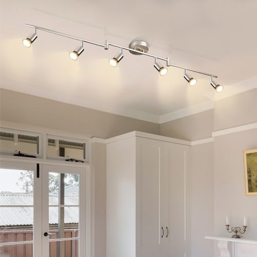 DINGLILIGHTING LED Ceiling Spotlight, 6-Way Rotatable, Matt Nickel Finish, 6x4W GU10 LED Bulbs (400LM, 3000K), For Kitchen, Living Room, Bedroom