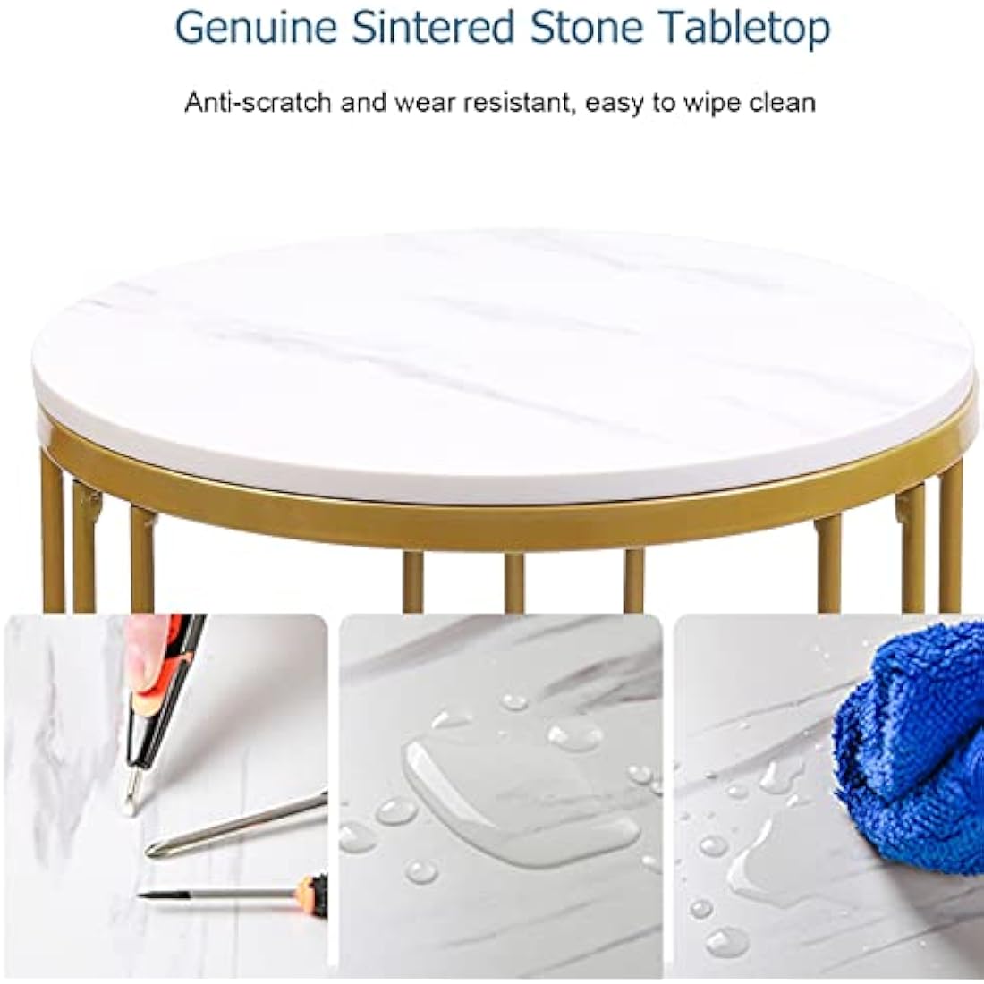 Marble Top Side Table Gold: Small Circle End Tables 40 x 54cm Sintered Stone Bedside with Metal Golden Legs Modern White Nightstand 2 Tier Round Sofa Coffee Table for Bedroom Living Room Furniture