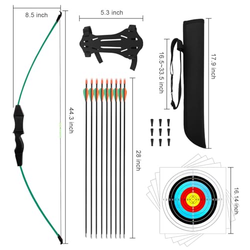 HANSPY Archery Recurve Bow and Arrow Youthbow Set Teens Beginner Gift Longbow Kit 18 Lb with 9 Arrows,9 Safety Arrow Head,5 Target Face,