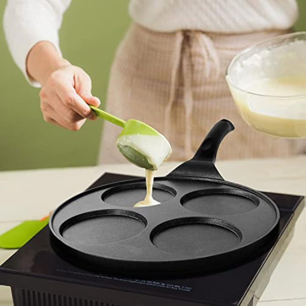 Joejis 4 Hole Pancake Pan 26cm - Non Stick and Induction Suitable - Mini Egg Crepe Tadka Pan - Lightweight Cast Aluminium - Pancake Frying Pan - Black