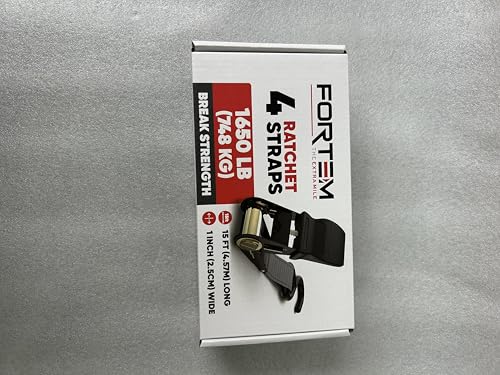 FORTEM Ratchet Straps, 748kg Break Strength, 4 Pack 4.6m x 2.54cm Tie Down Strap Set, 4 Soft Loops, Motorcycle Straps Tie Downs, Cargo Cam Buckles, Rubber Handles, Carry Bag