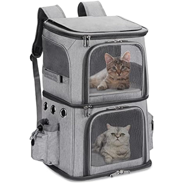 FASNATI Double-Compartment Pet Carrier Backpack, Cat Carrier Backpack for 2 Small Cats, Dogs and Rabbits, Perfect for Traveling/Hiking/Camping, Grey