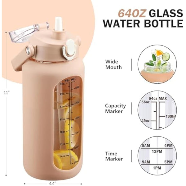 HYDRAGLAZIC 2L Glass Water Bottle with 2 Lids Flip and Chug Lids 2 Liter Large Water Jug with Time Marker and Silicone Sleeve BPA Free Leak-proof for Sports Gym, Amber