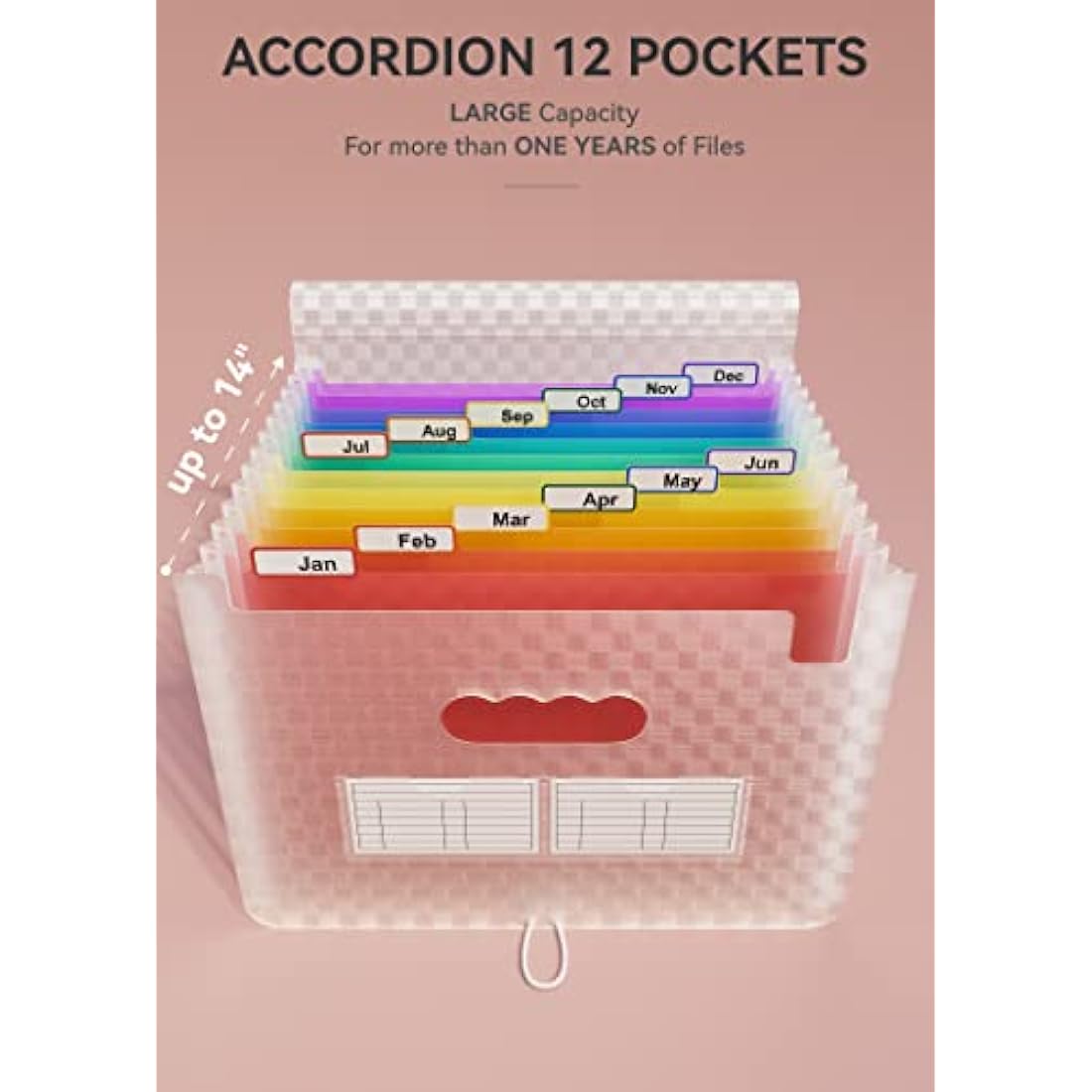 ABC life A4 Expanding File Organiser with Grid Pattern,13 Pockets Expandable Filling Boxes Documents Organiser,Accordion A4 Desk Folders,Portable Rainbow Files Wallets Plastic Bills Storage Bag(Pink)