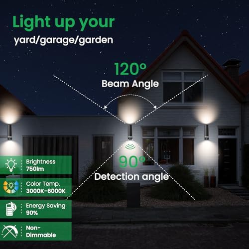 ALUSSO LIGHTING Up Down LED Wall Light PIR Motion Sensor 8W 750LM Stainless Steel Lamp, with GU10 Bulbs 3000K 4000K 6000K Adjustable, Outdoor Security Light IP65 Waterproof for Hallway Porch, Black