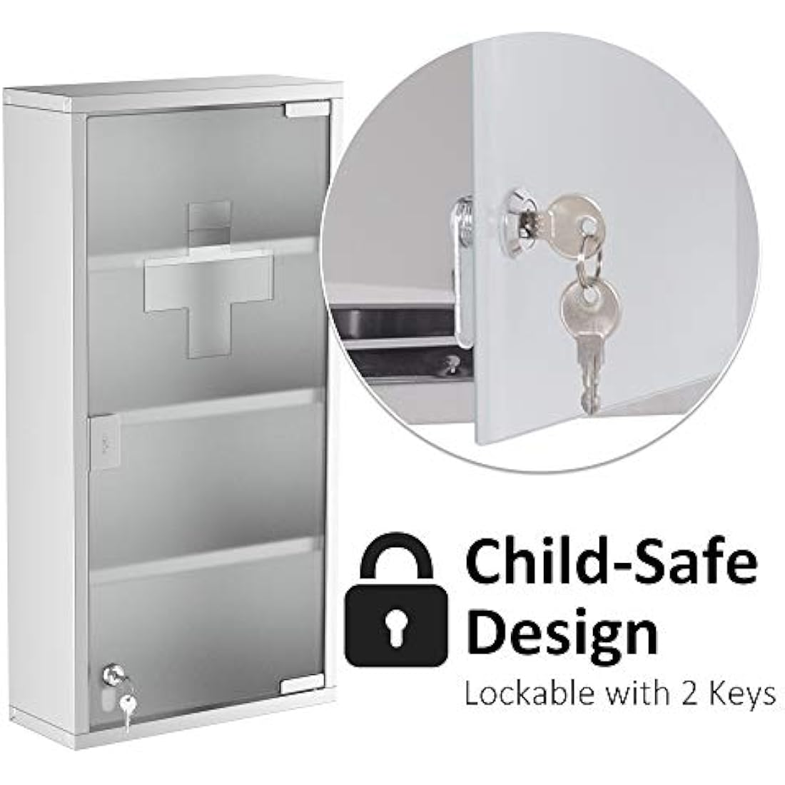 HOMCOM 4 Tier Stainless Steel Wall Mounted Medicine Cabinet Glass Lockable Door Storage Shelves Houseware Bathroom Furniture 60Hx30Wx12D(cm) w/2 Keys