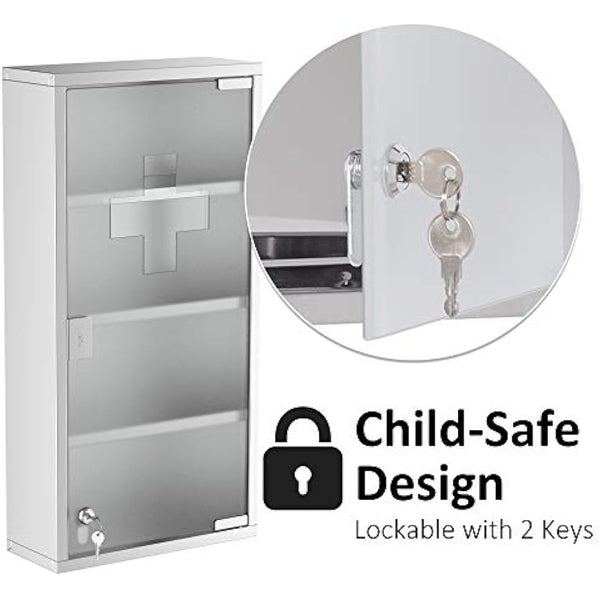 HOMCOM 4 Tier Stainless Steel Wall Mounted Medicine Cabinet Glass Lockable Door Storage Shelves Houseware Bathroom Furniture 60Hx30Wx12D(cm) w/2 Keys