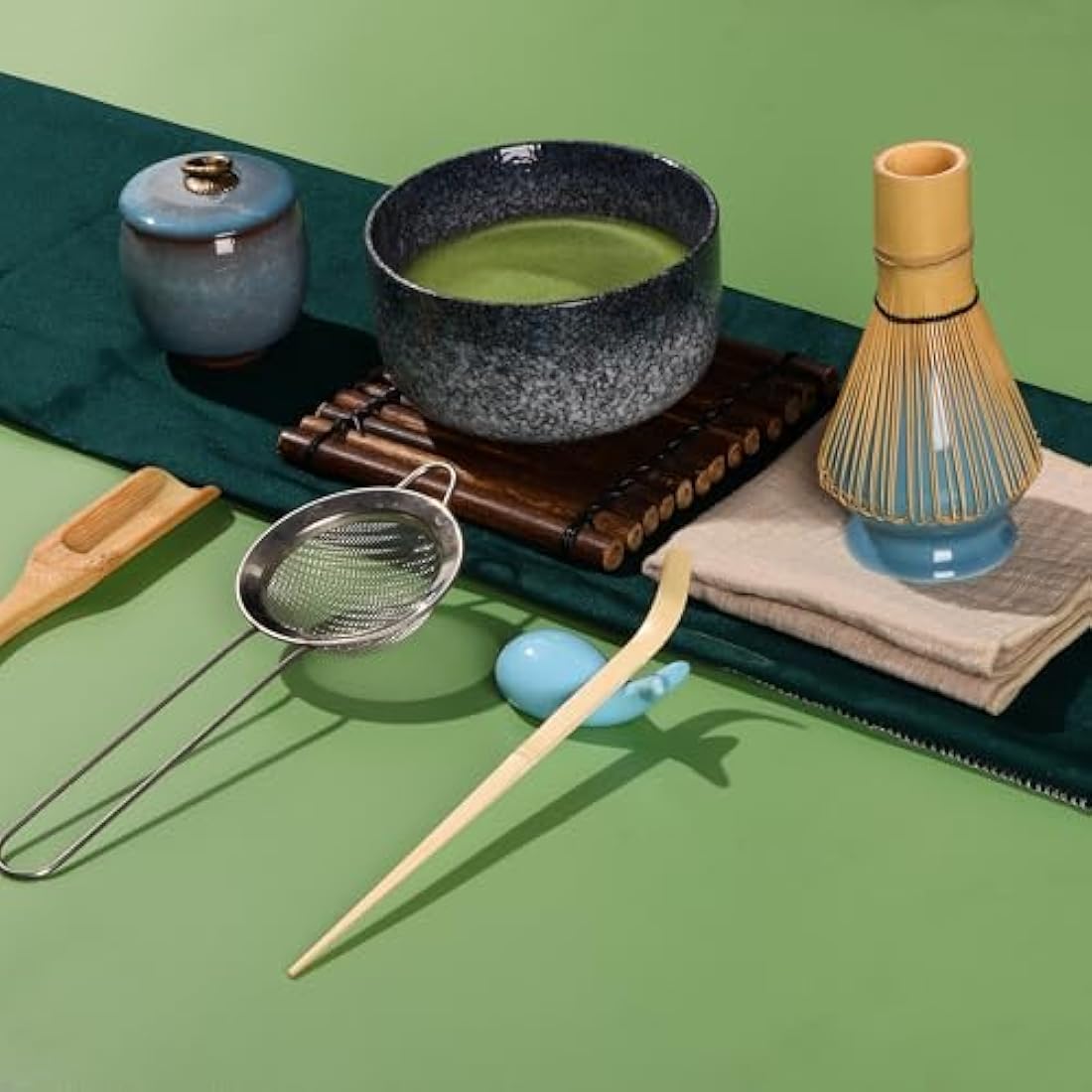 DiDiBirDi Matcha Tea Set 9 Pcs，Japanese Ceramic Bowl，Matcha Whisk (Chasen), Scoop (Chashaku), Stainless Steel Sifter，Whisk Holder,Tea Powder Caddy